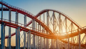 朝日に照らされたレールの交差