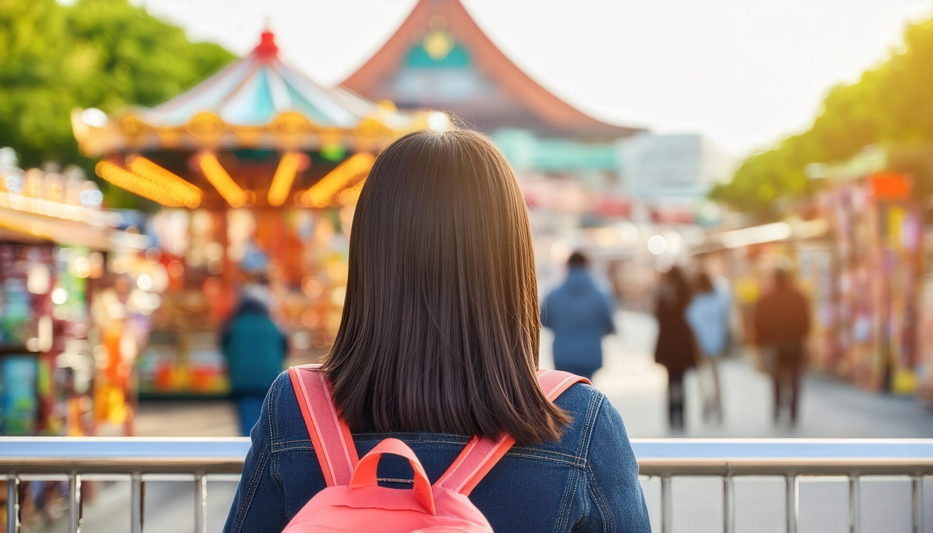 遊園地を見つめる人の後ろ姿