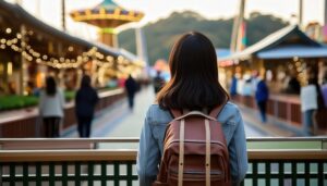 夜の遊園地を歩く人の後ろ姿