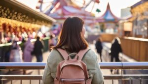夕暮れの遊園地を見つめる人物