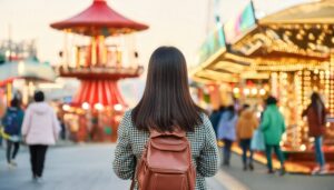 ネオン輝く遊園地を歩く人物