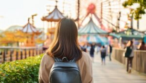 遊園地の観覧車を見つめる人物