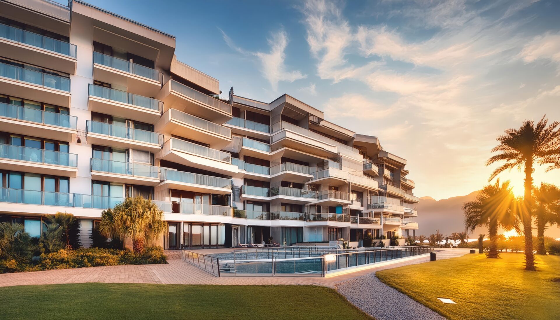 リゾートホテルの外観と夕日