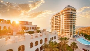 夕日に照らされたリゾートホテル