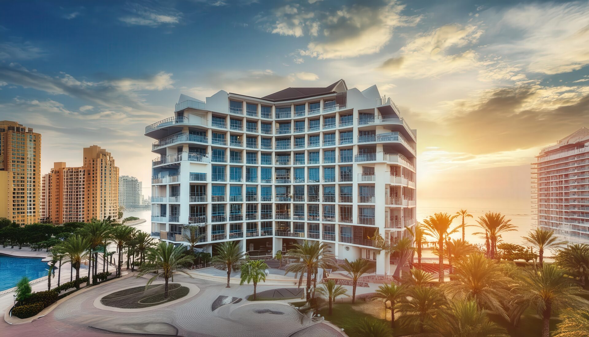 高層リゾートホテルと夕日