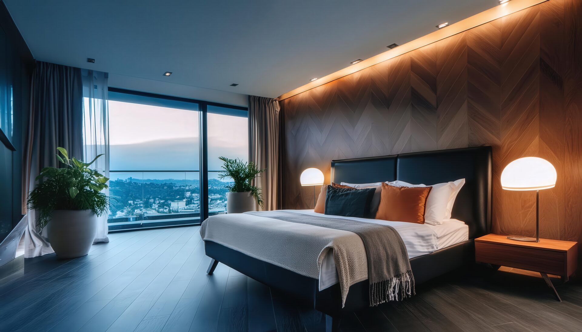 落ち着いた照明のホテルルーム