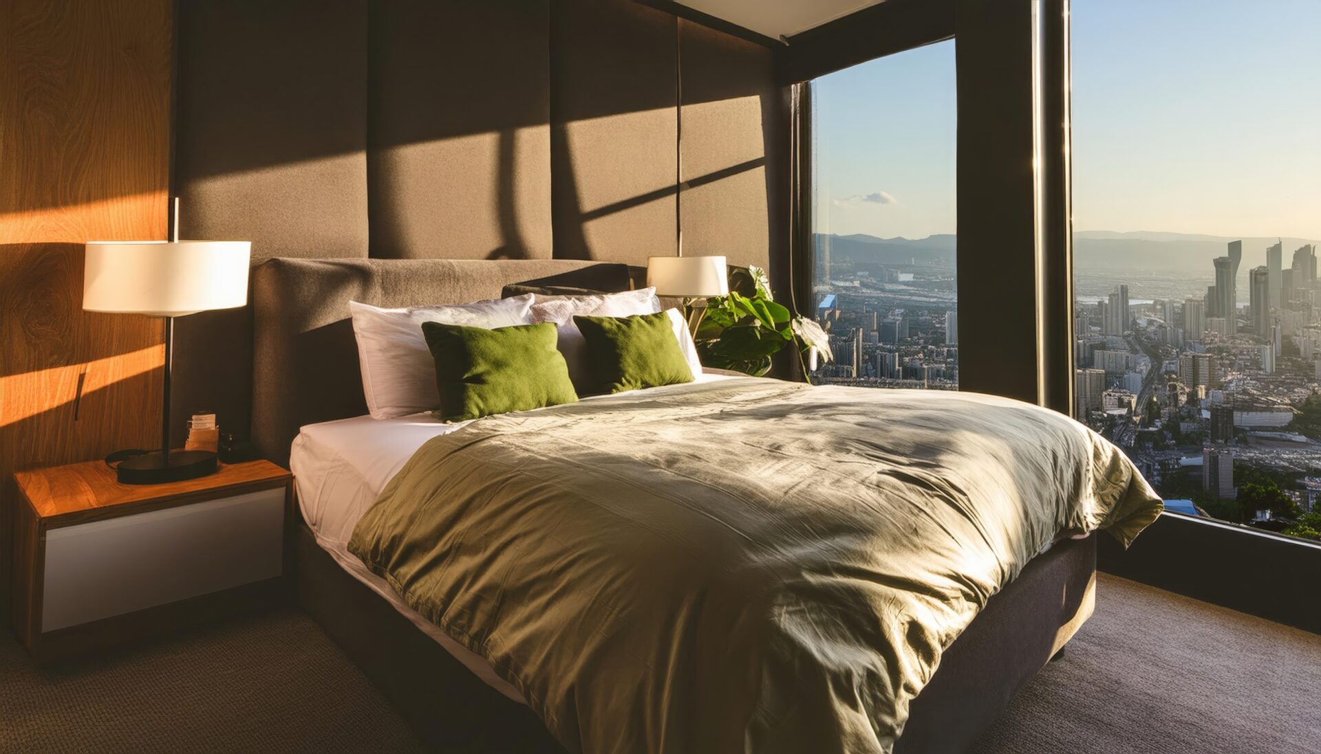 夕日が差し込む高層ホテルの寝室