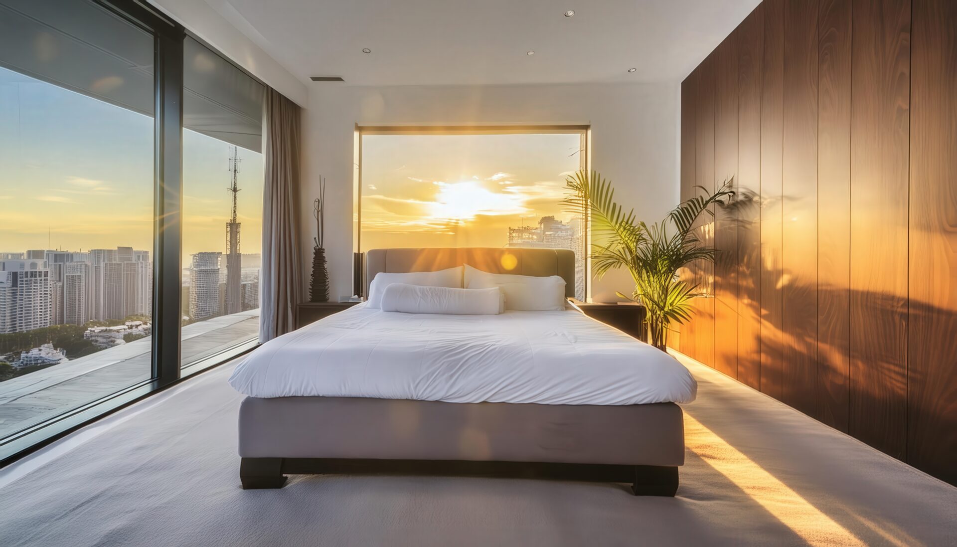 朝日が差し込む高層階の寝室