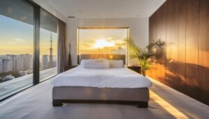 朝日が差し込む高層階の寝室