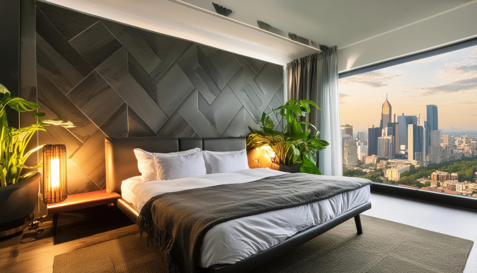 都市を見下ろすモダンベッドルーム