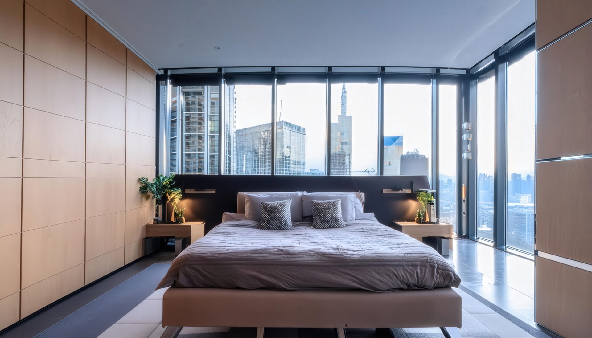 シンプルなデザインの高層ホテル寝室