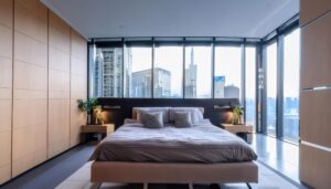 シンプルなデザインの高層ホテル寝室