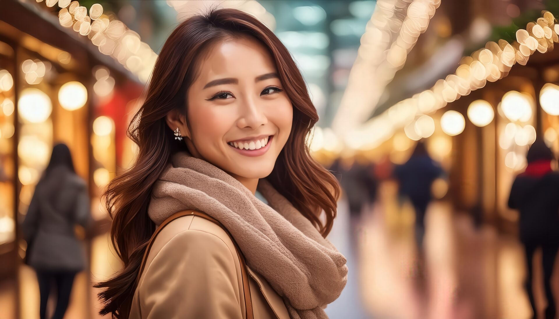 冬の街でショッピングを楽しむ女性