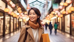 商店街で買い物をする女性