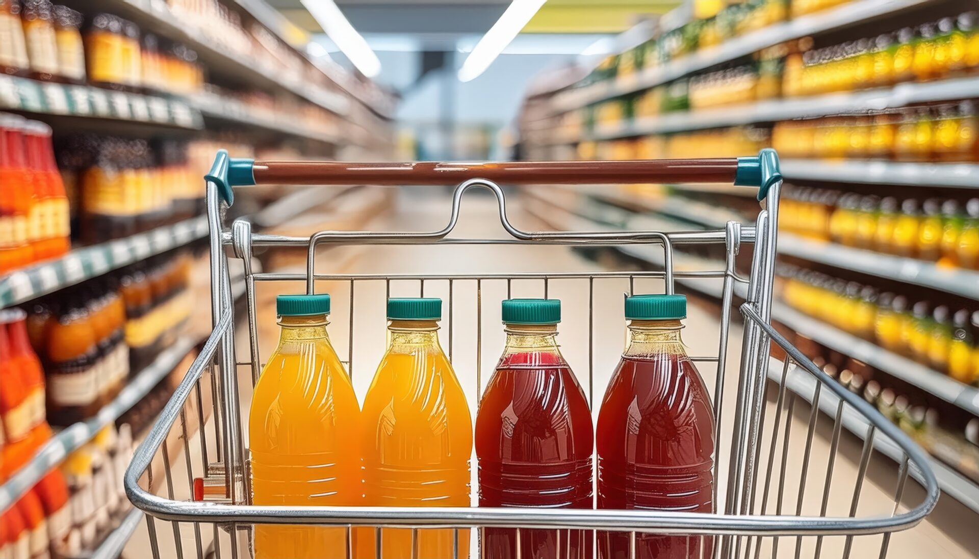 スーパーのカートに入ったジュース