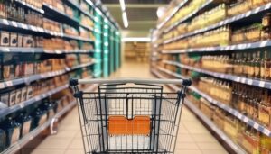 空の買い物カートと商品棚