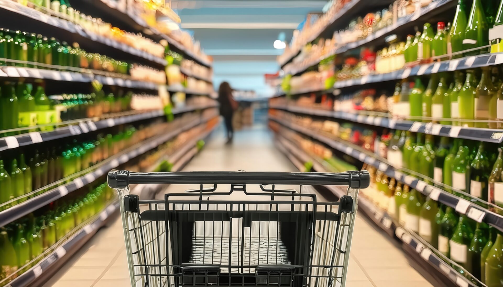 カート越しに見たドリンク棚と買い物客