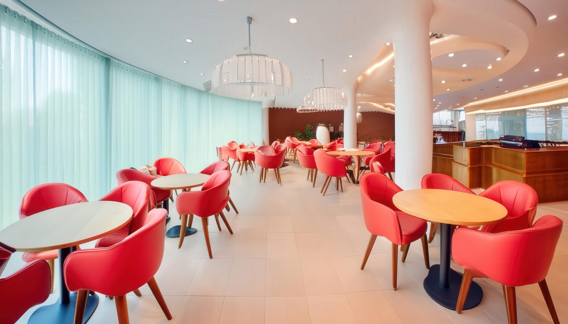 明るい雰囲気のカフェスペース