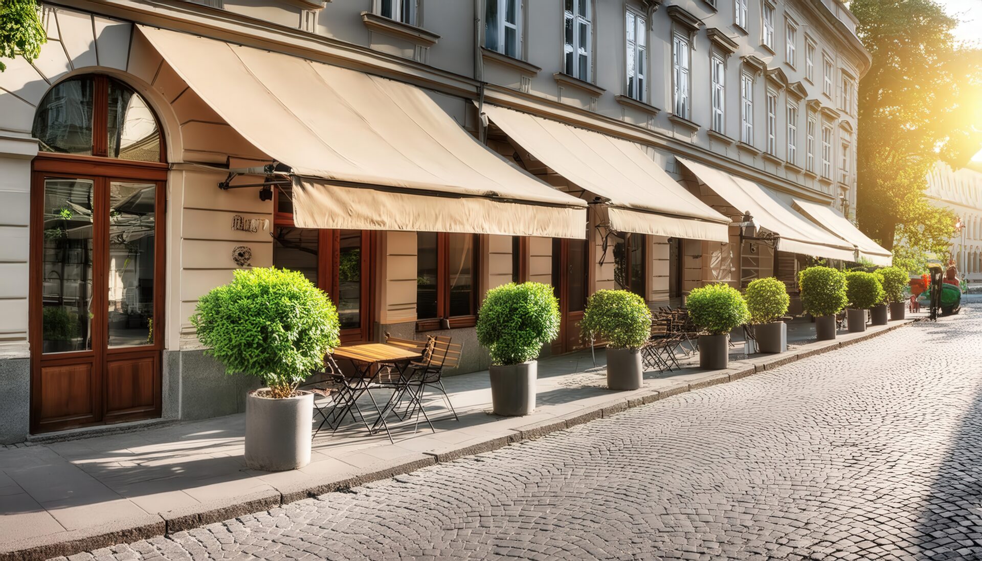 石畳の道に面したカフェテラス