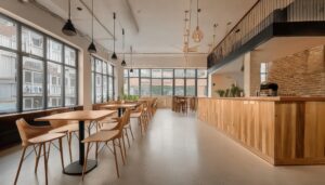 ウッド調の開放的なカフェ空間