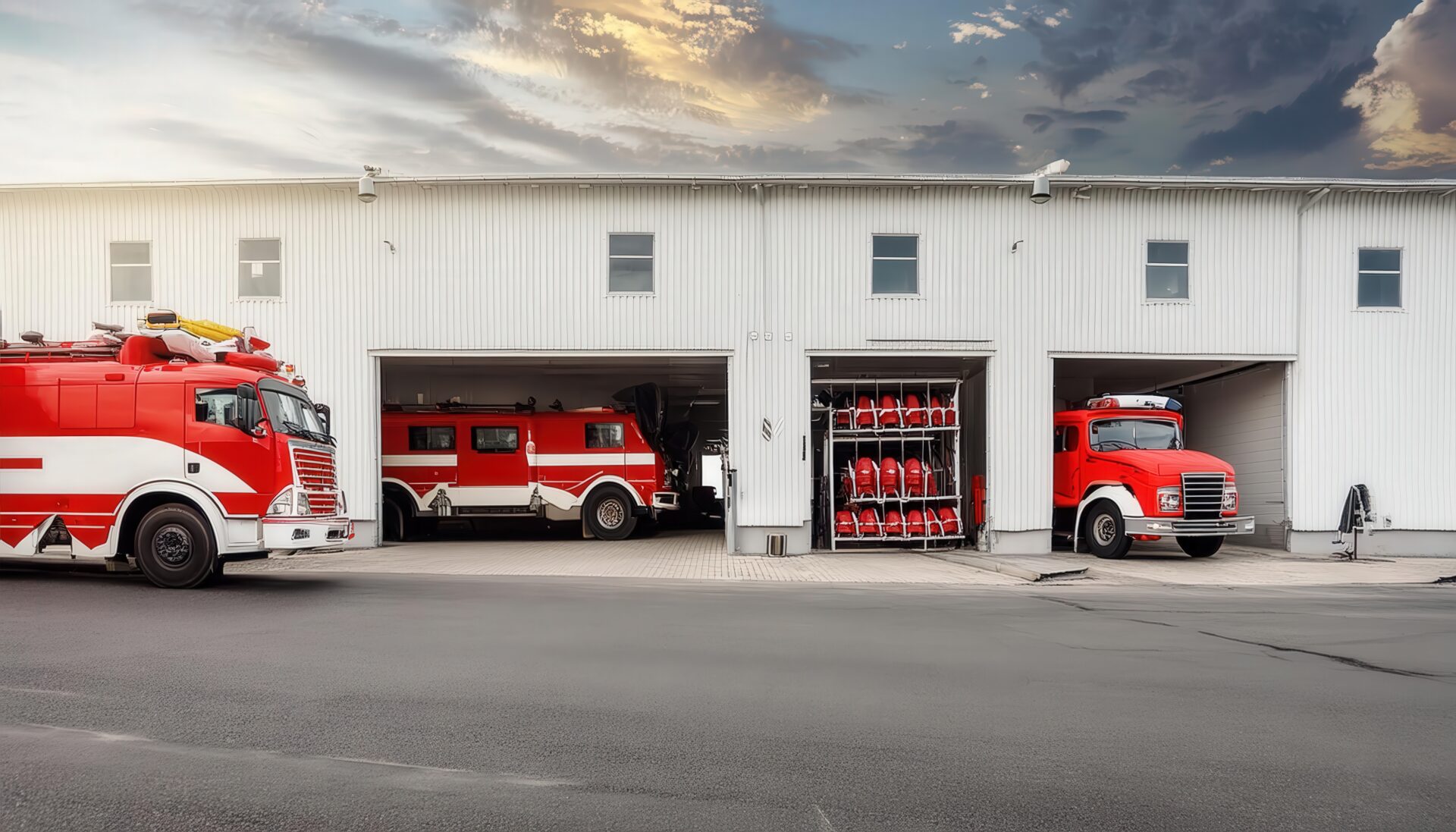 消防車が並ぶ車庫