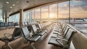 空港の待合スペースと夕日