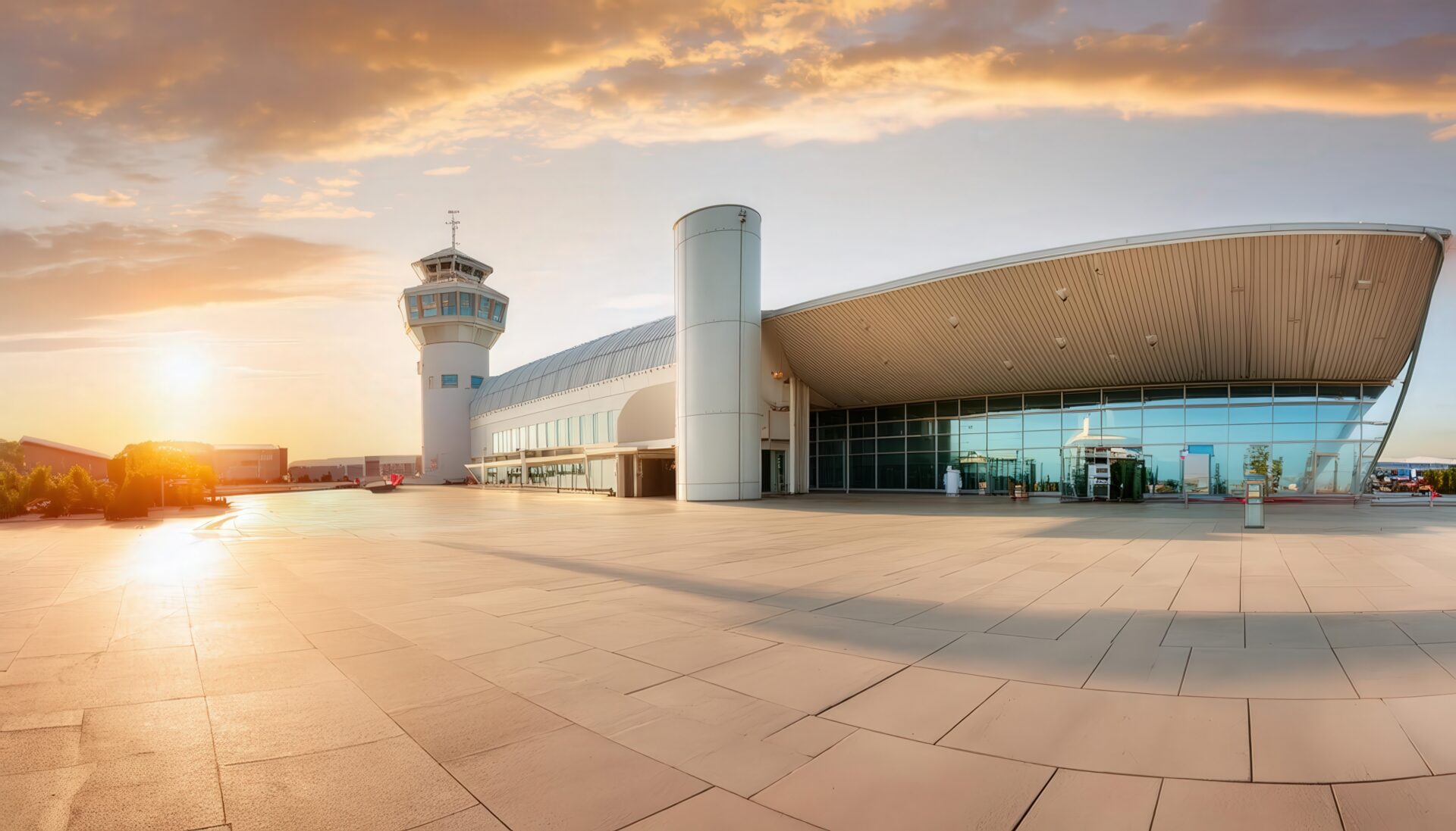 夕暮れの空港と管制塔