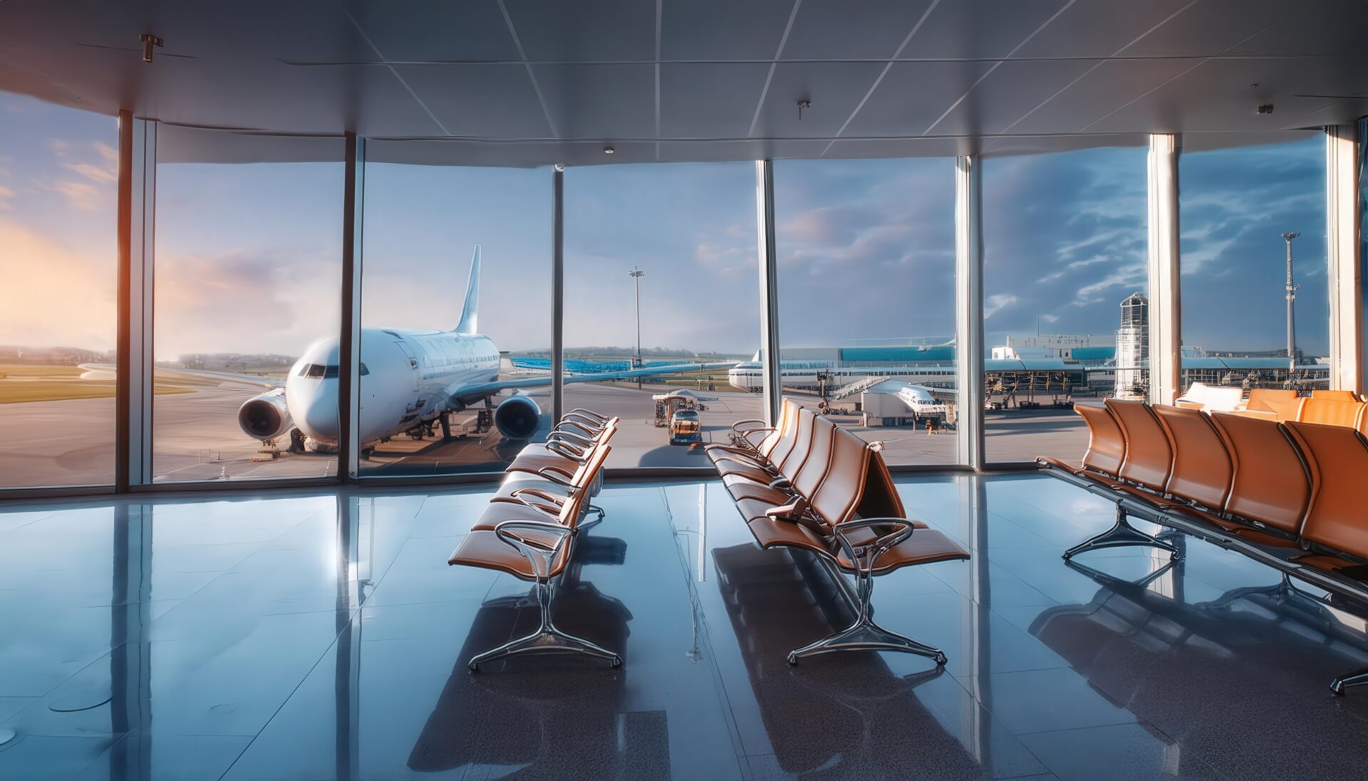 空港ロビーと駐機中の飛行機