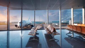 空港ロビーと駐機中の飛行機