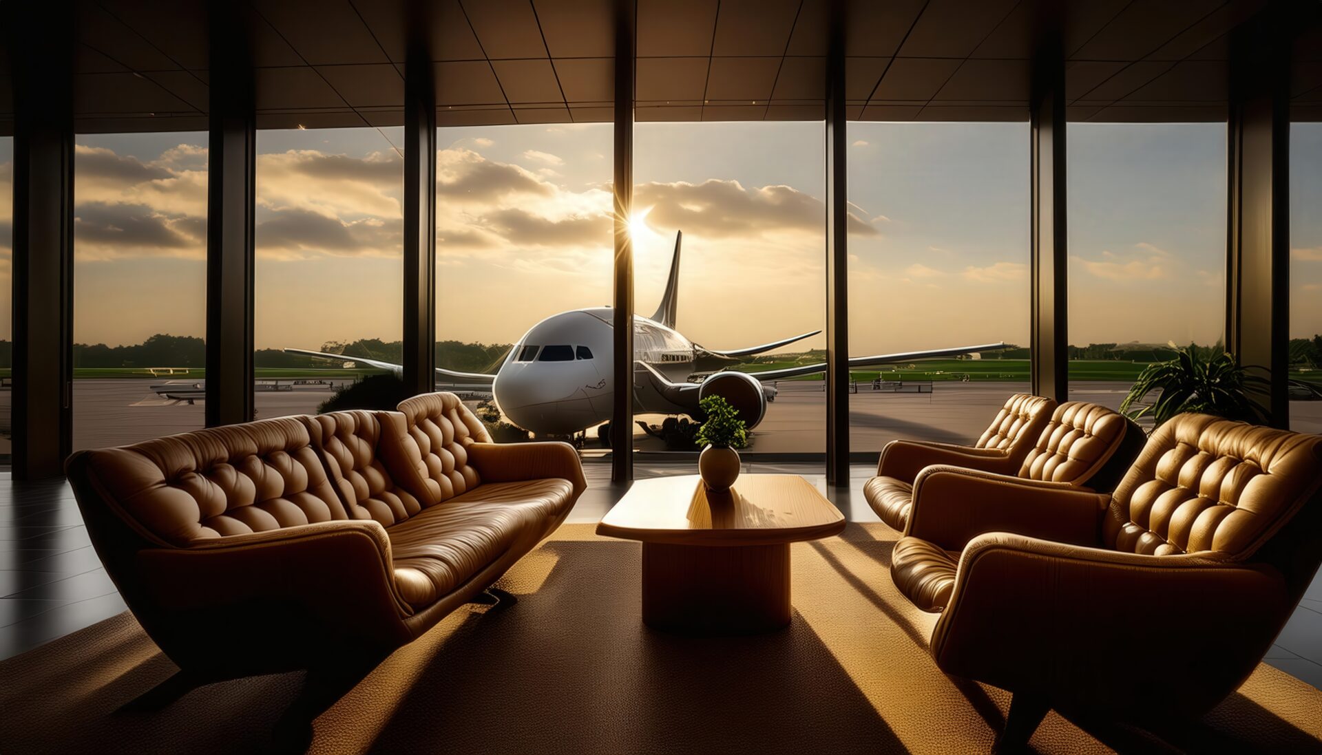 ラウンジから眺める飛行機と夕日