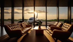 ラウンジから眺める飛行機と夕日