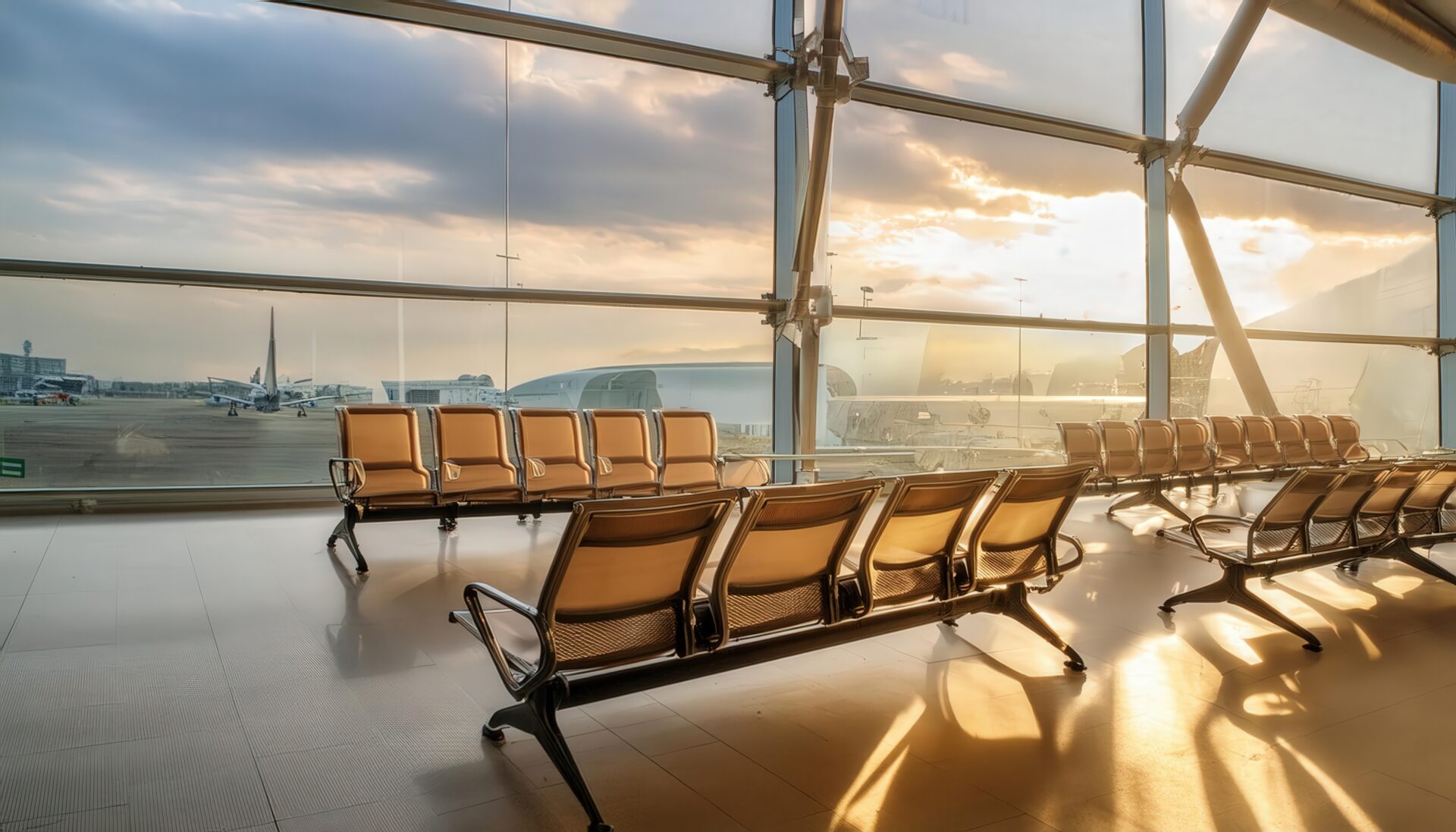日差しが差し込む空港の待合室