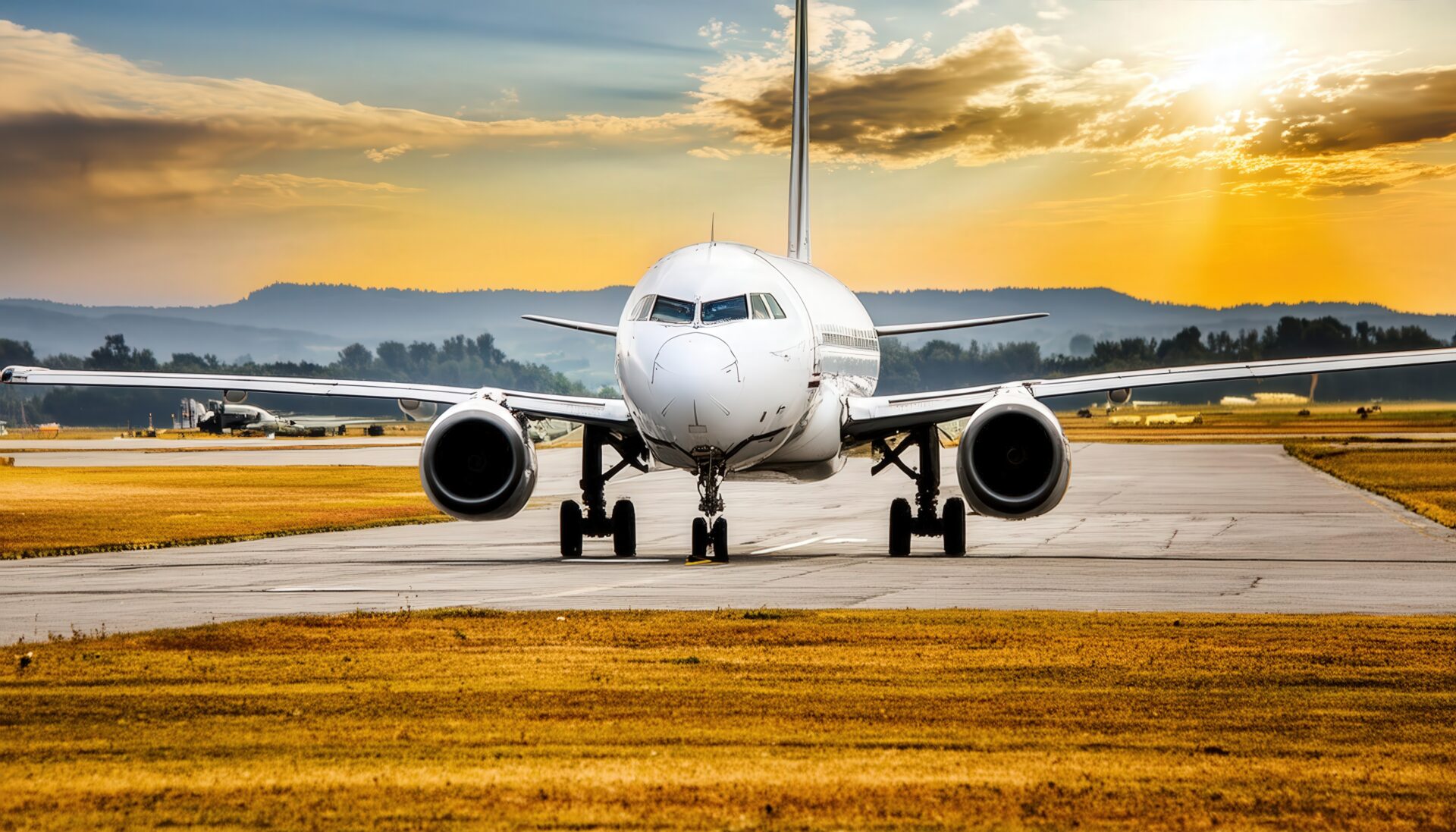 滑走路に佇む飛行機と夕暮れ空