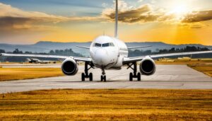 滑走路に佇む飛行機と夕暮れ空