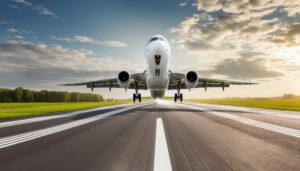 離陸する飛行機と朝の空
