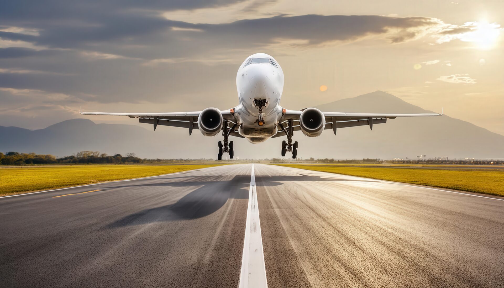 滑走路を離れる飛行機と夕焼け