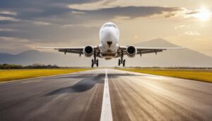 滑走路を離れる飛行機と夕焼け