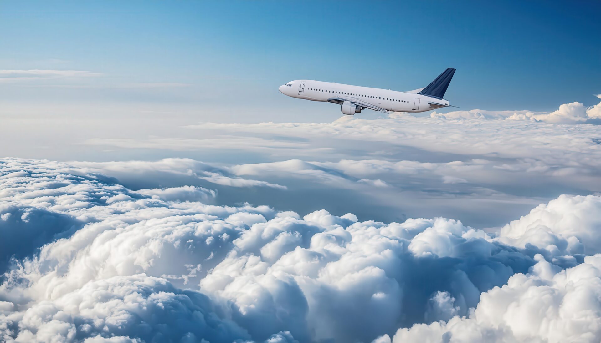 青空と雲の中を進む飛行機