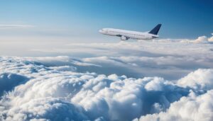 青空と雲の中を進む飛行機