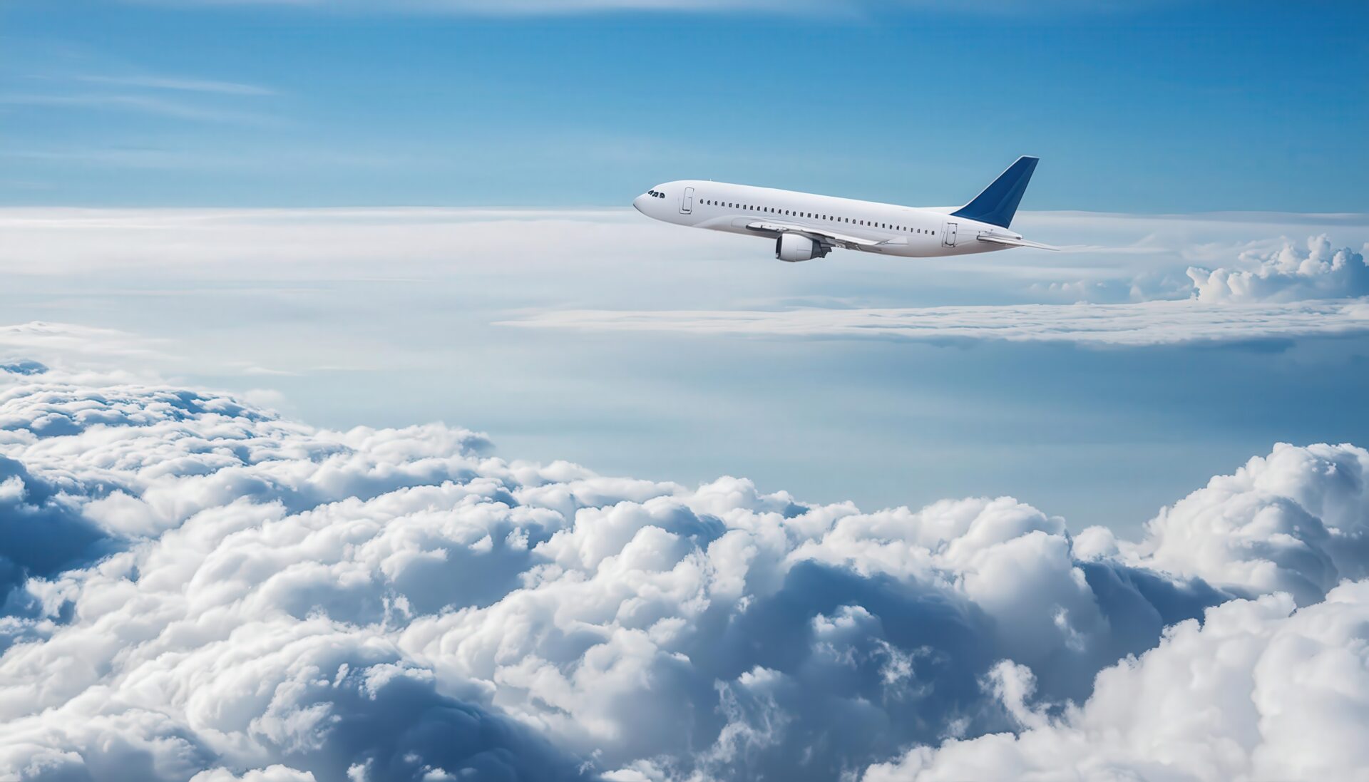 上空を飛ぶ旅客機と青空