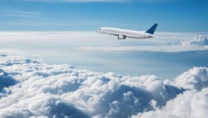 上空を飛ぶ旅客機と青空