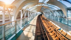 カーブする高架鉄道のレール