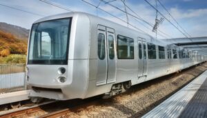 駅に停車する近未来的な列車