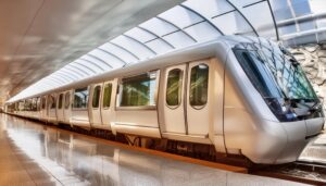 ガラス張りの駅に停車する電車