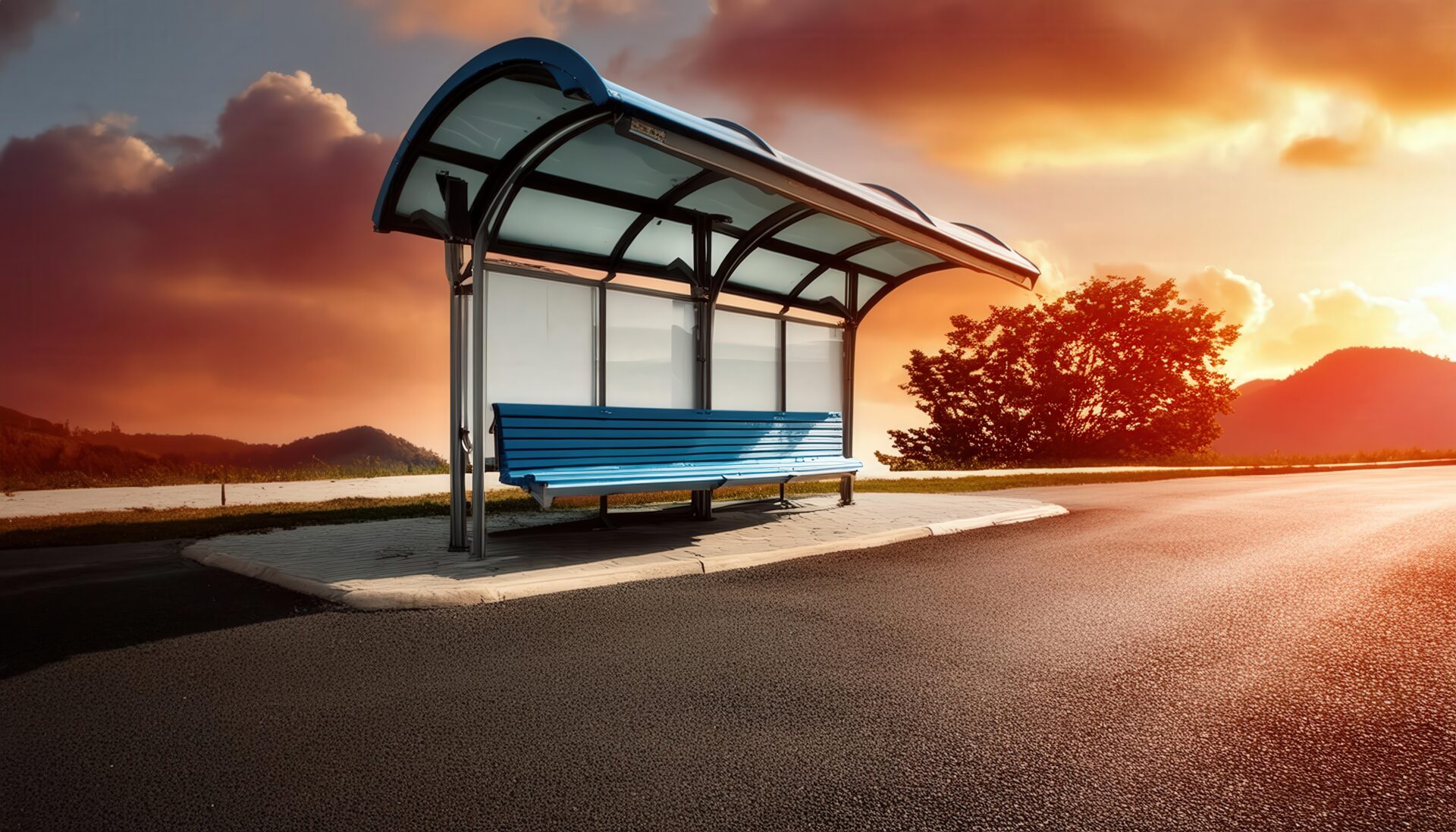 美しい夕日に染まるバス停