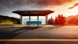 田舎のバス停と山の風景