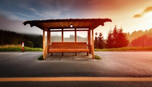 朝焼けの山間バス停