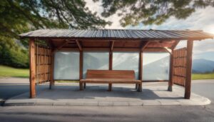 木の屋根の山間バス停