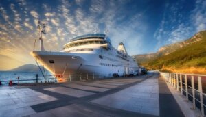 山の港に停泊するクルーズ船