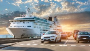 クルーズ船と渋滞する道路